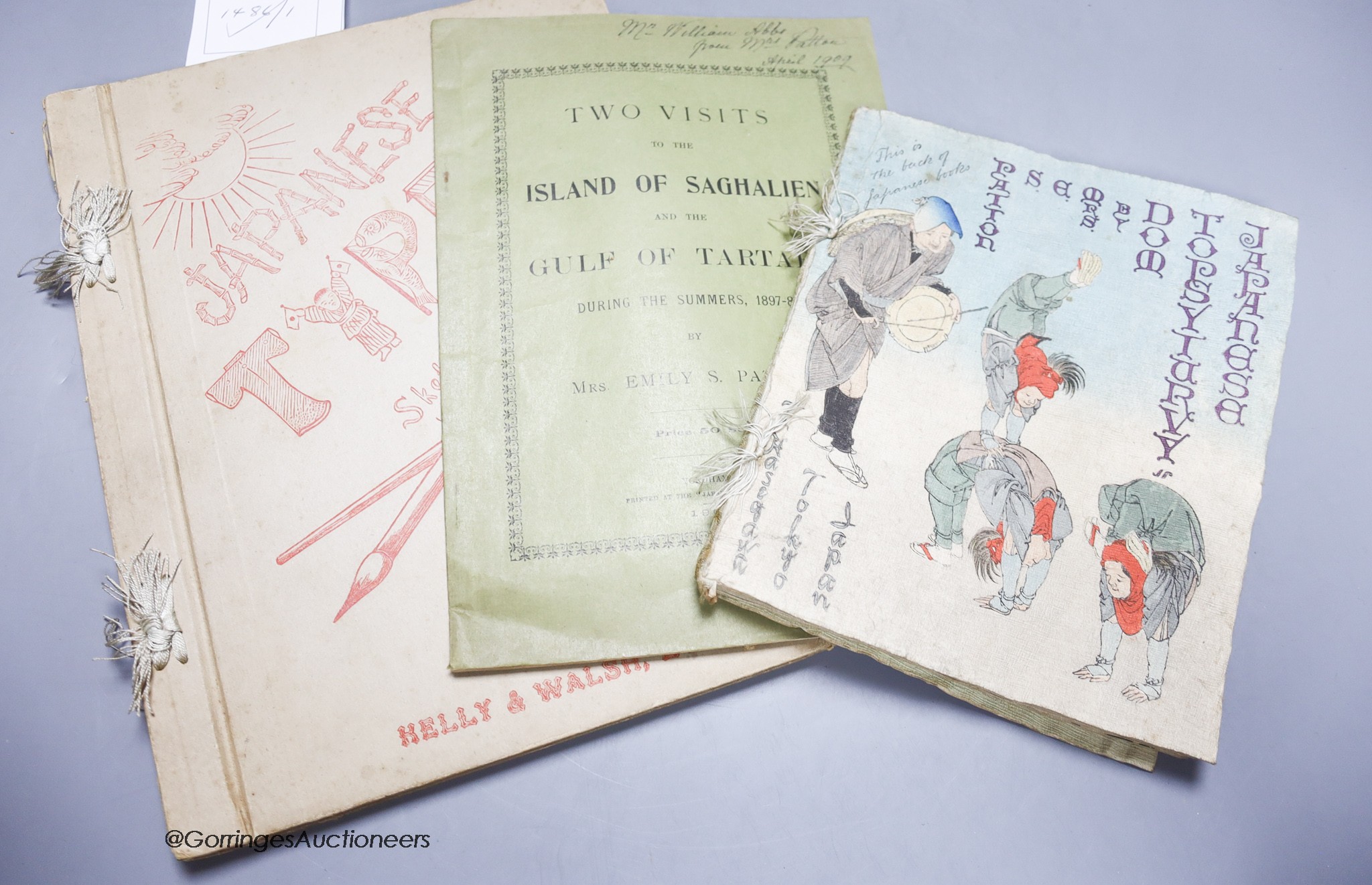 Patton, Emily S - Two Visits to the Island of Saghalien and the Gulf of Tartary, qto, pamphlet with limp covers, 30 pages, Yokohama, 1905; Patton, Emily S - Japanese Topsyturvy-dom, 8vo, 37 pages, Hasegawa Takejiro, Toky